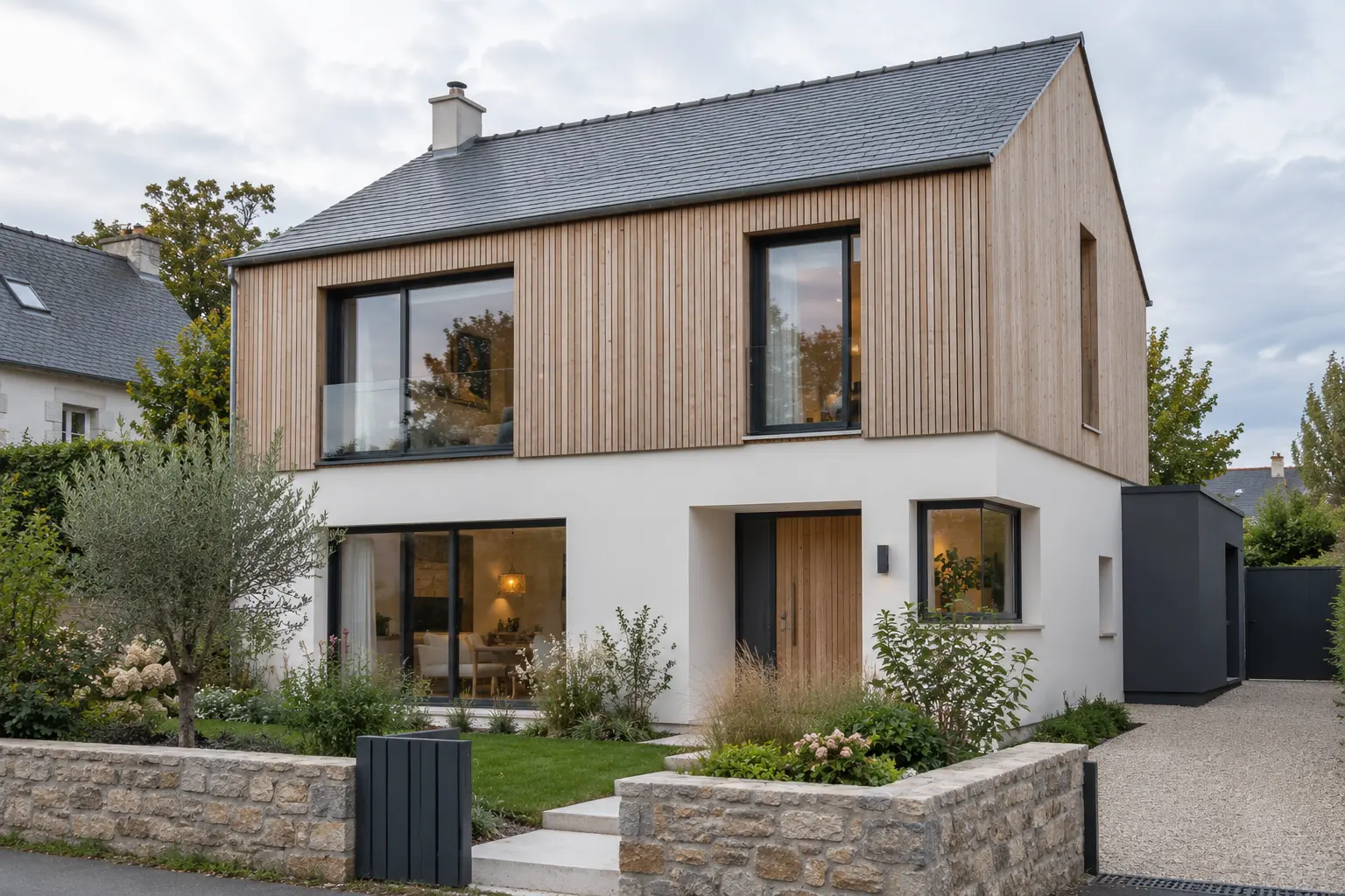 Maison rénovée avec isolation extérieure, bardage bois et enduit
